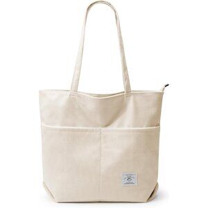👑Women's Cream White Corduroy Lightweight Zipper Pocket Foldable Tote Bags